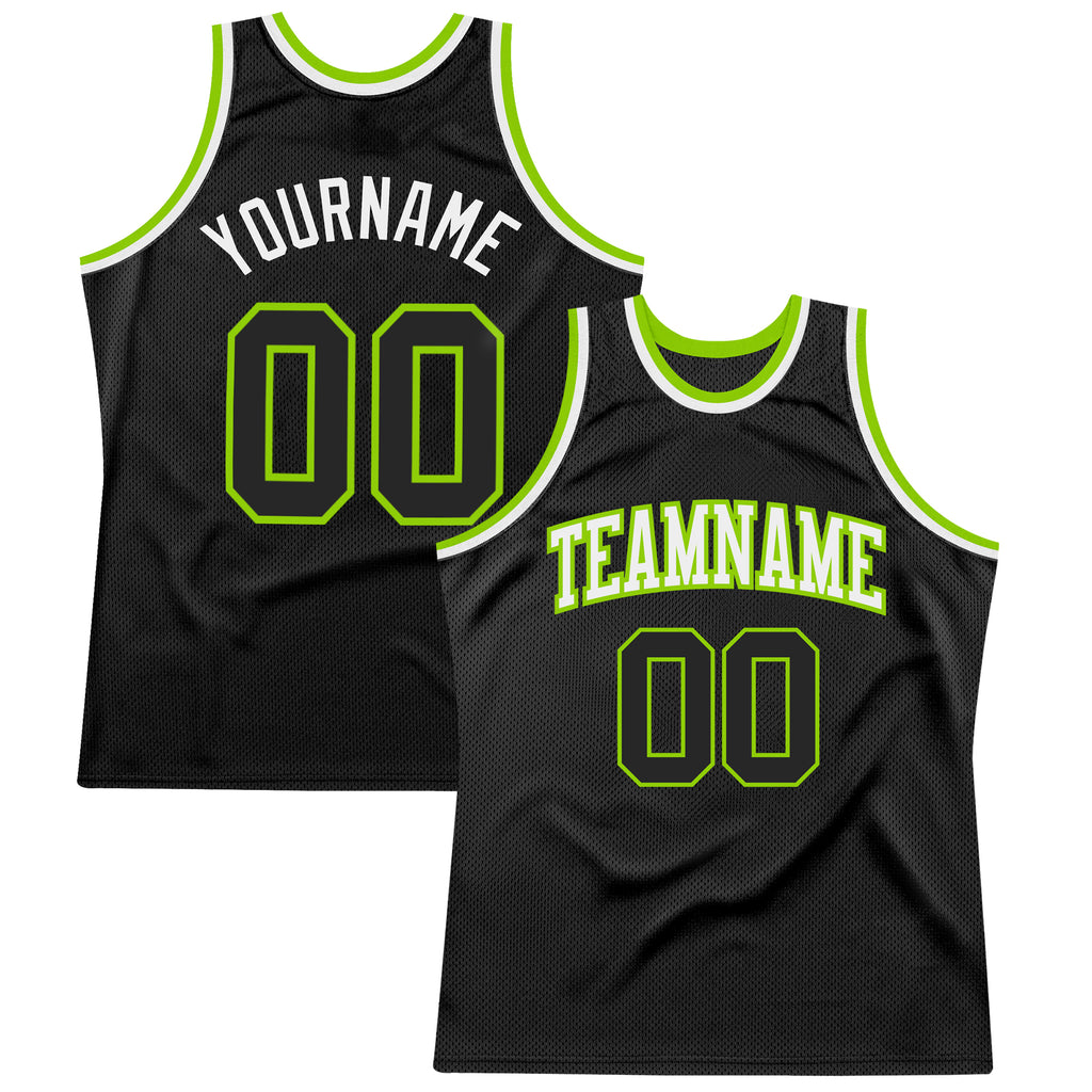 Custom Black Neon Green-White Authentic Throwback Basketball Jersey