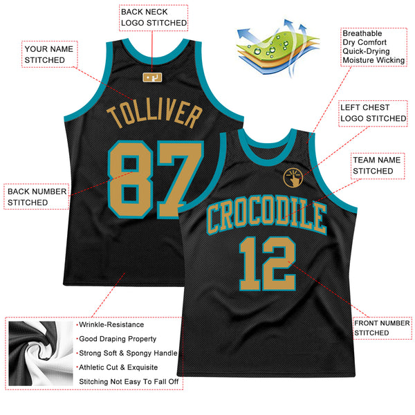 Custom Black Old Gold-Teal Authentic Throwback Basketball Jersey