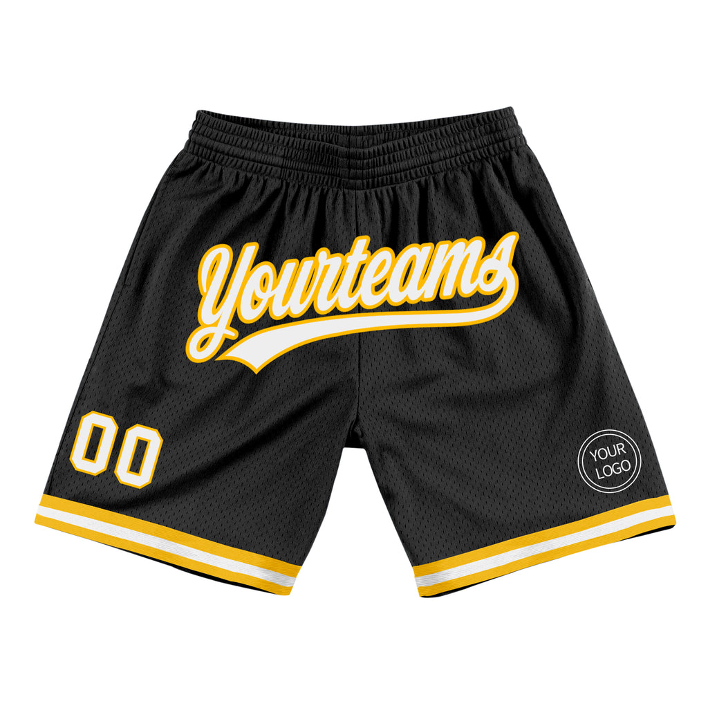 Custom Black White-Gold Authentic Throwback Basketball Shorts