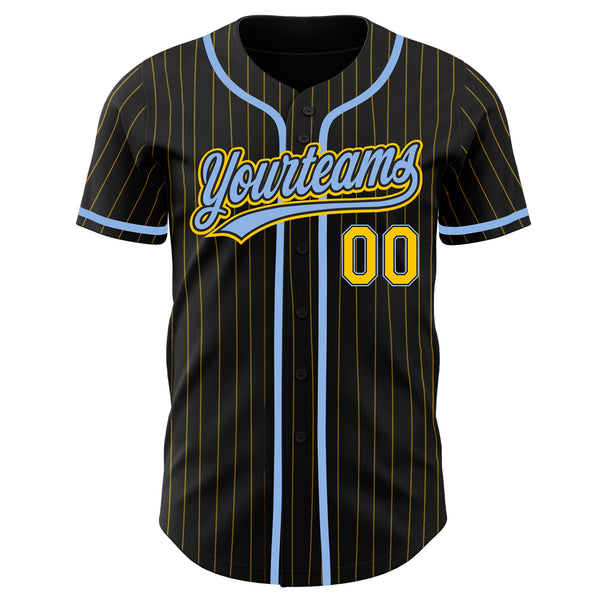 Custom Black Yellow Pinstripe Light Blue Authentic Baseball Jersey