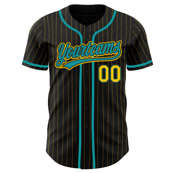 Custom Black Yellow Pinstripe Teal Authentic Baseball Jersey