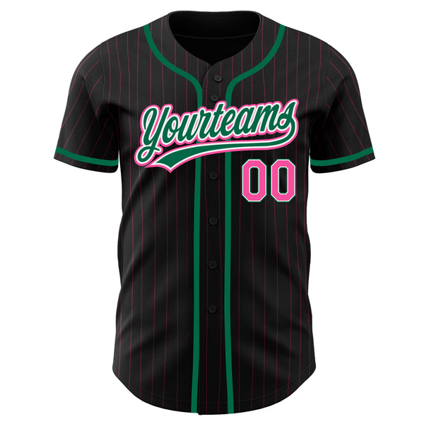 Custom Black Pink Pinstripe Pink-Kelly Green Authentic Baseball Jersey