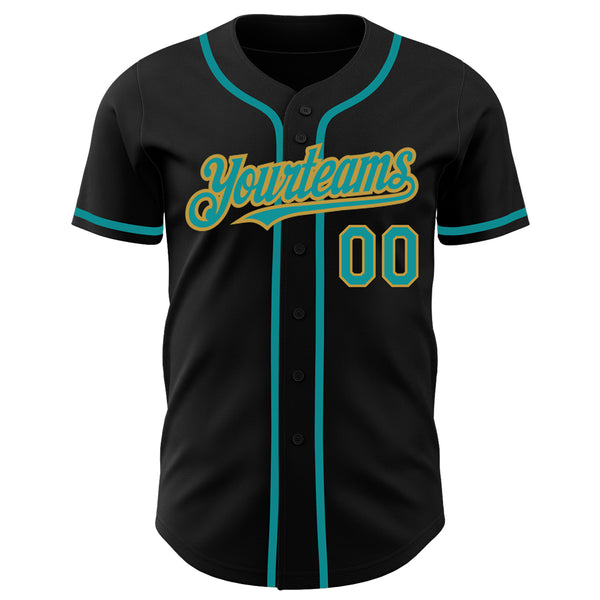 Custom Black Teal-Old Gold Authentic Baseball Jersey