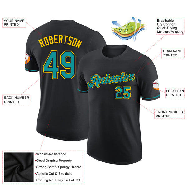 Custom Black Teal-Yellow Performance T-Shirt