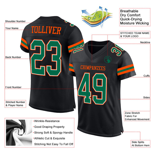 Custom Black Kelly Green-Orange Mesh Authentic Football Jersey