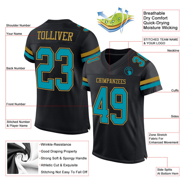 Custom Black Teal-Old Gold Mesh Authentic Football Jersey