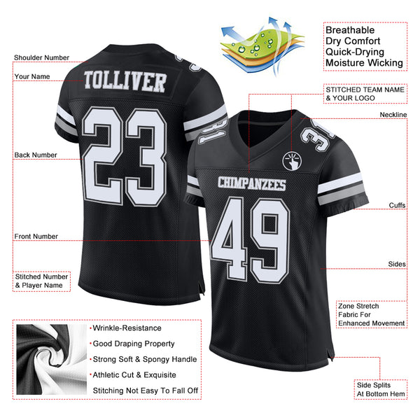 Custom Black White-Gray Mesh Authentic Football Jersey