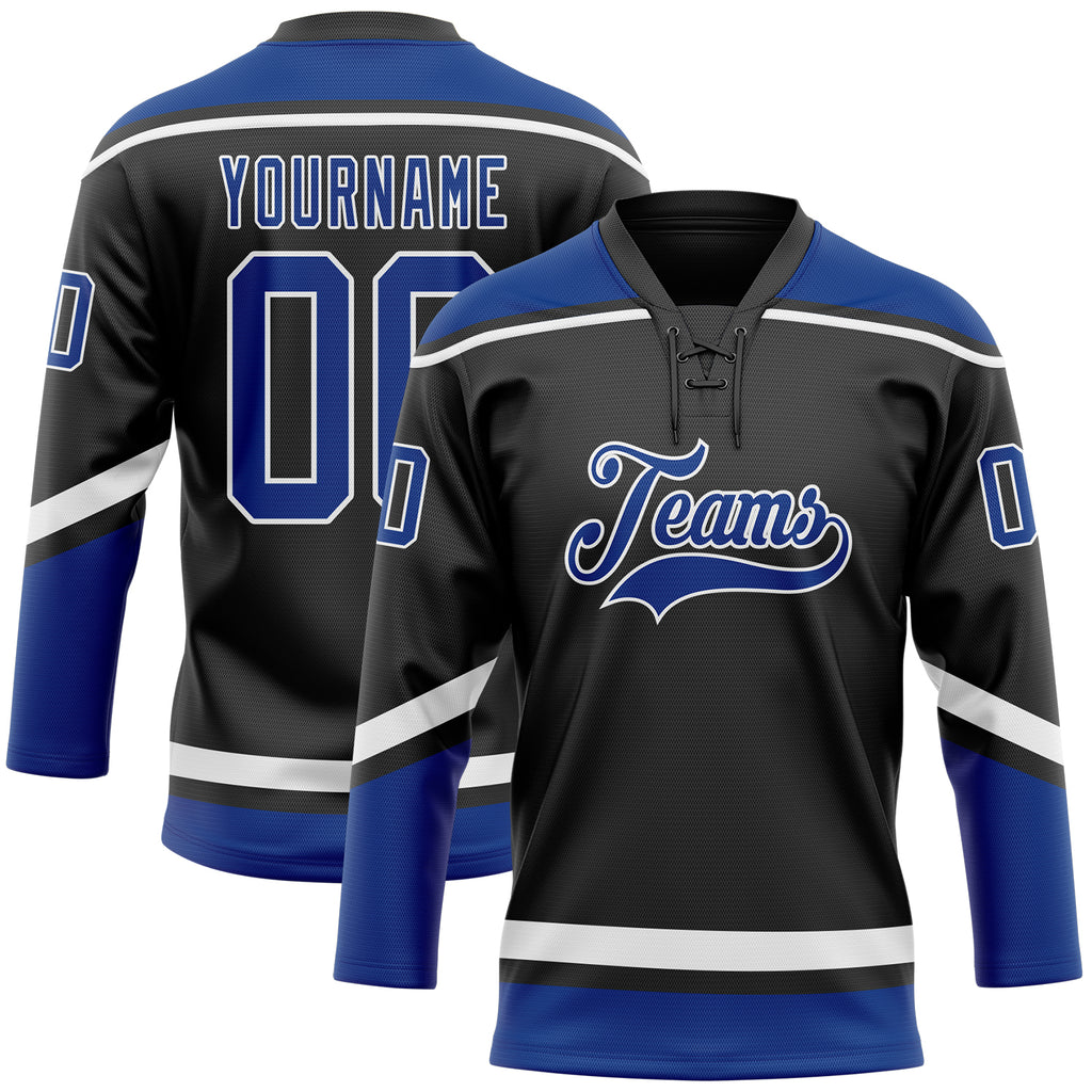 Custom Black Royal-White Hockey Lace Neck Jersey