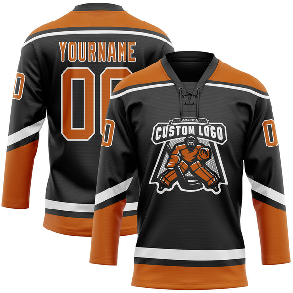 Custom Black Texas Orange-White Hockey Lace Neck Jersey