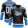Custom Black White-Electric Blue Hockey Lace Neck Jersey