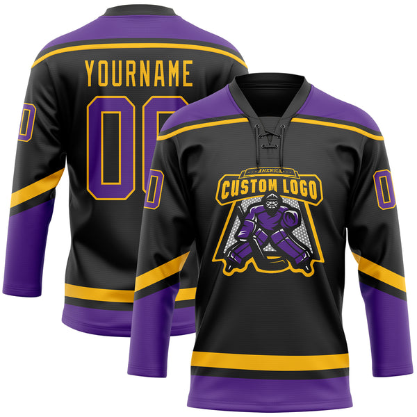 Custom Black Purple-Gold Hockey Lace Neck Jersey