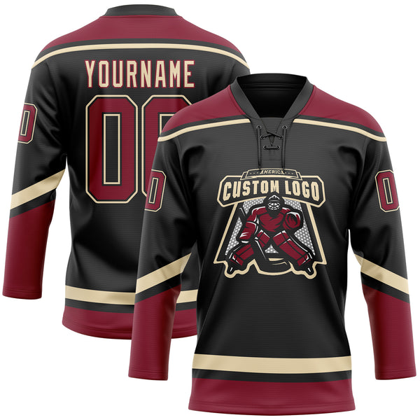 Custom Black Crimson-City Cream Hockey Lace Neck Jersey