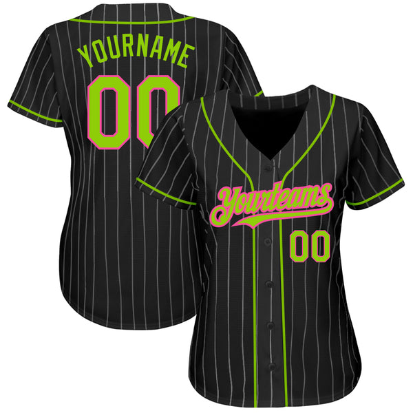 Custom Black White Pinstripe Neon Green-Pink Authentic Baseball Jersey