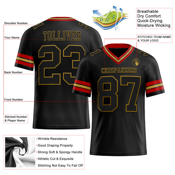 Custom Black Old Gold-Red Mesh Authentic Football Jersey