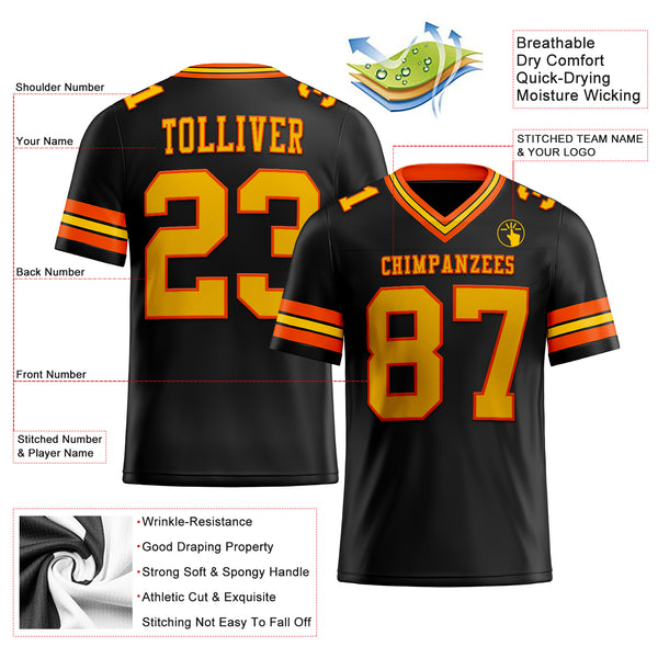 Custom Black Yellow-Orange Mesh Authentic Football Jersey