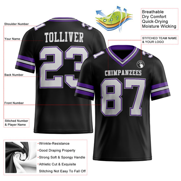 Custom Black White Purple-Gray Authentic Football Jersey