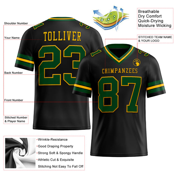 Custom Black Green-Gold Mesh Authentic Football Jersey