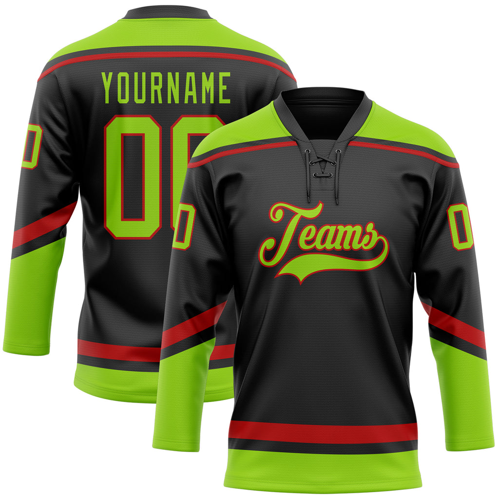 Custom Black Neon Green-Red Hockey Lace Neck Jersey