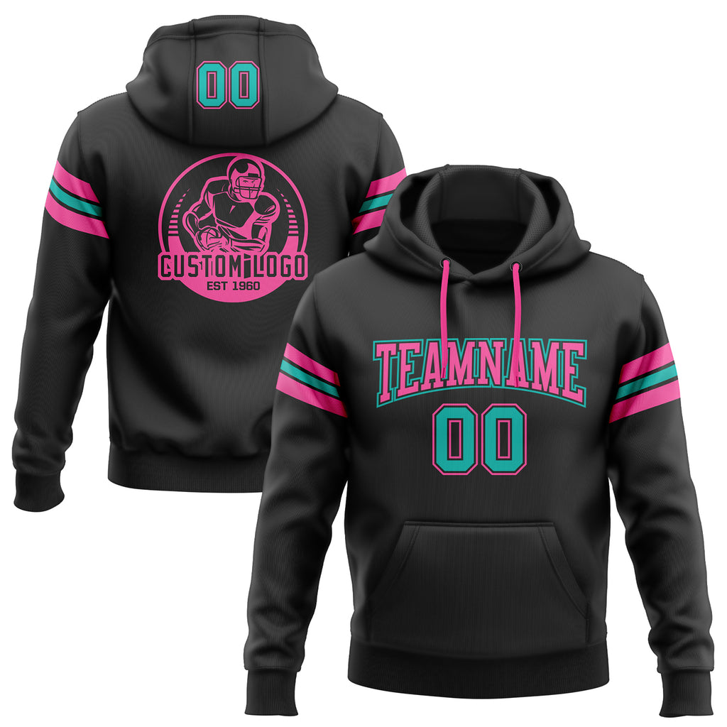 Custom Stitched Black Aqua-Pink Football Pullover Sweatshirt Hoodie