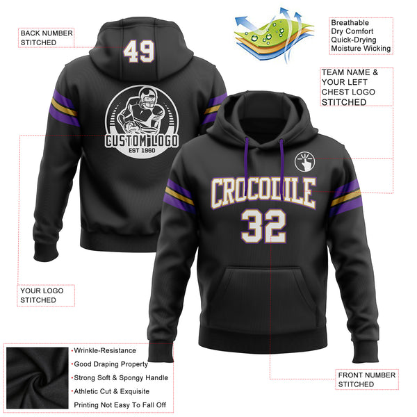 Custom Stitched Black White Old Gold-Purple Football Pullover Sweatshirt Hoodie