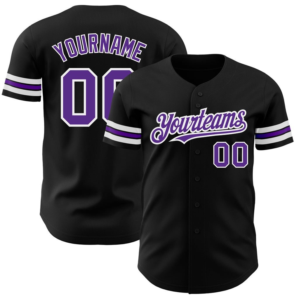 Custom Black Purple=White Authentic Baseball Jersey