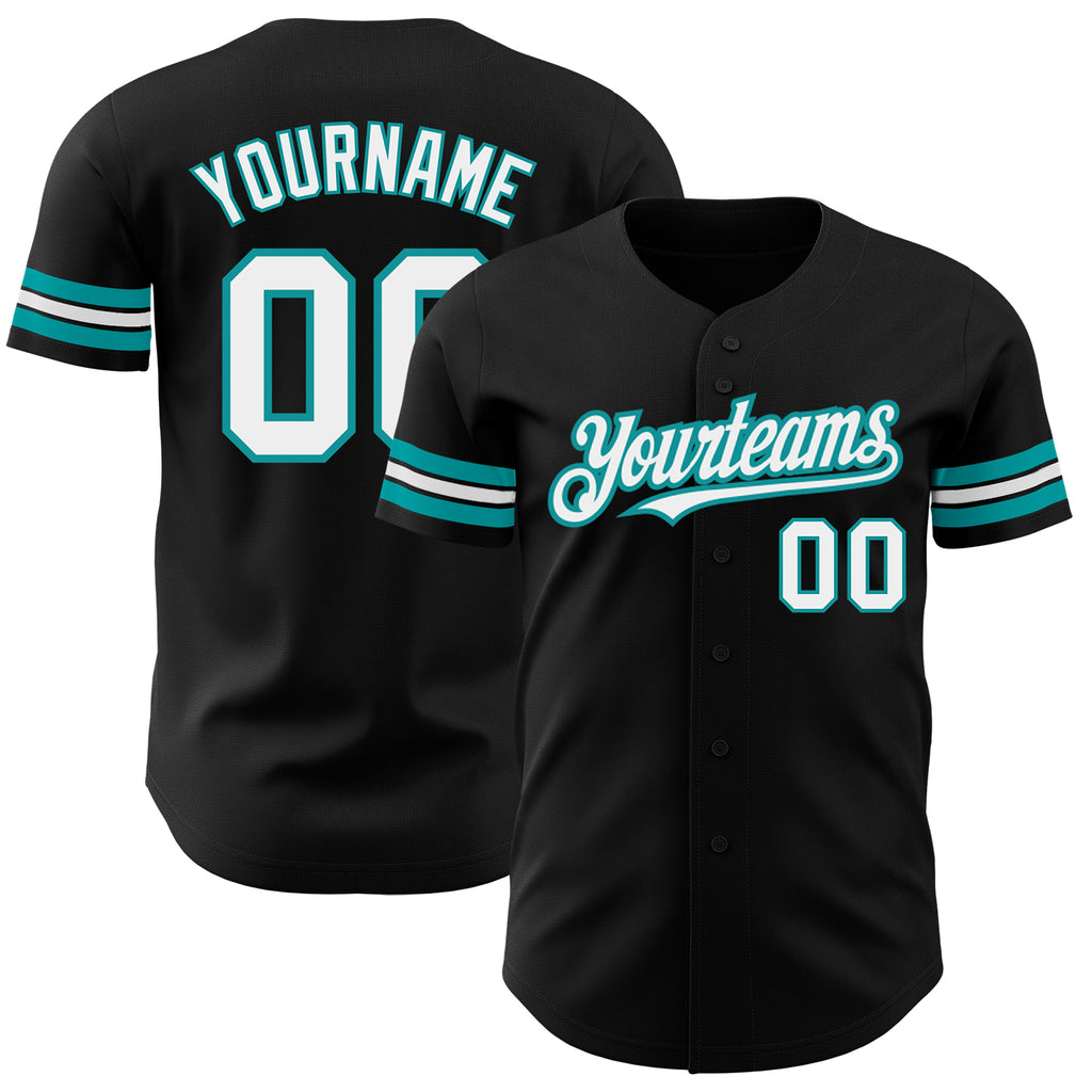 Custom Black White-Teal Authentic Baseball Jersey