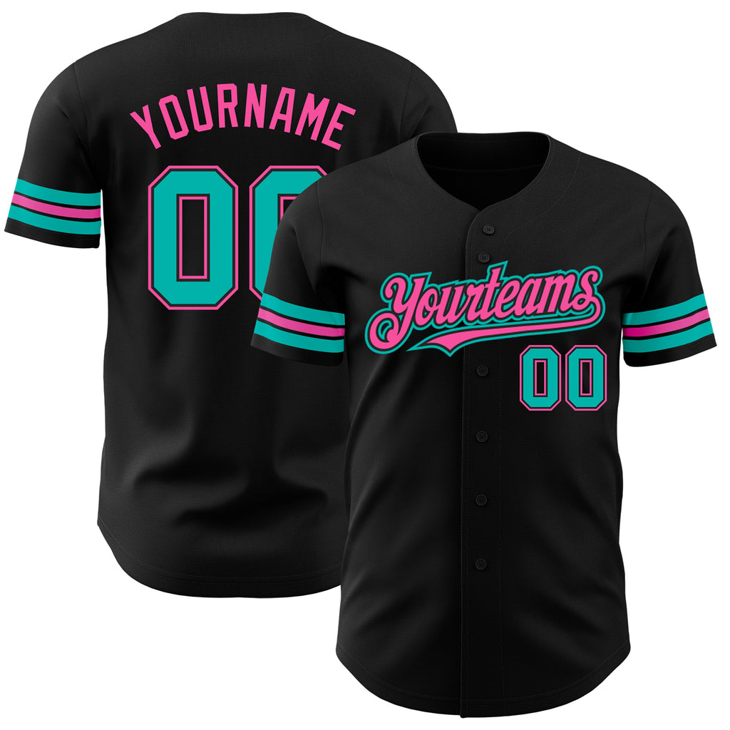 Custom Black Aqua-Pink Authentic Baseball Jersey