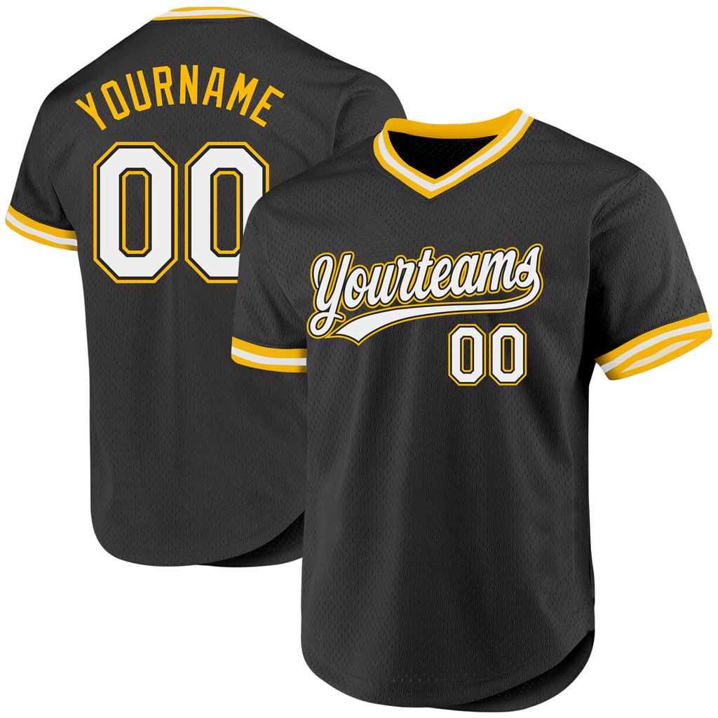 Custom Black White-Gold Authentic Throwback Baseball Jersey