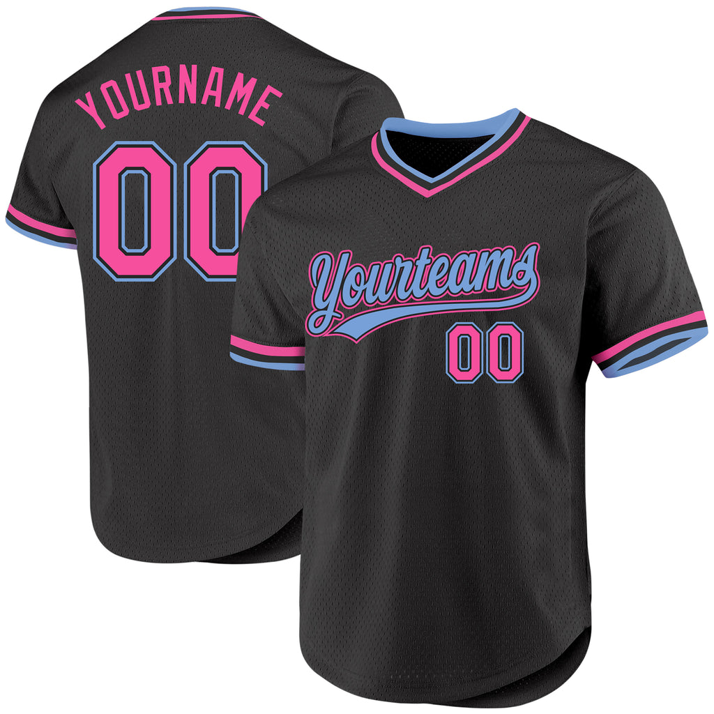 Custom Black Pink-Light Blue Authentic Throwback Baseball Jersey