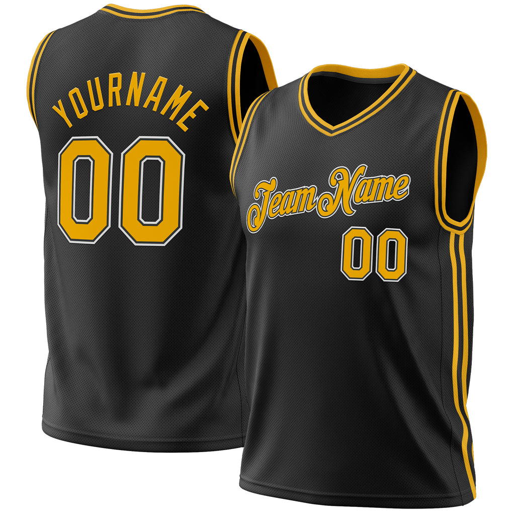 Custom Black Gold-White Authentic Throwback Basketball Jersey