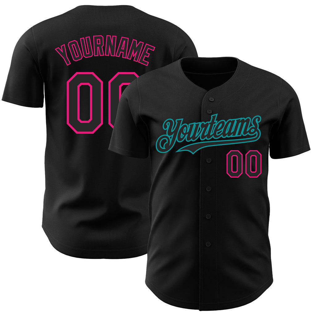 Custom Black Hot Pink-Teal Authentic Baseball Jersey