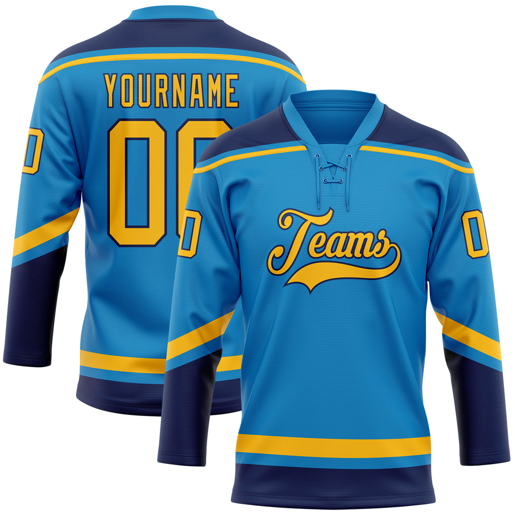 Custom Blue Gold-Navy Hockey Lace Neck Jersey