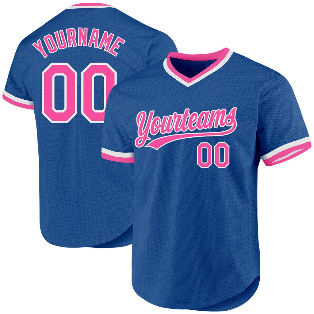 Custom Blue Pink-White Authentic Throwback Baseball Jersey
