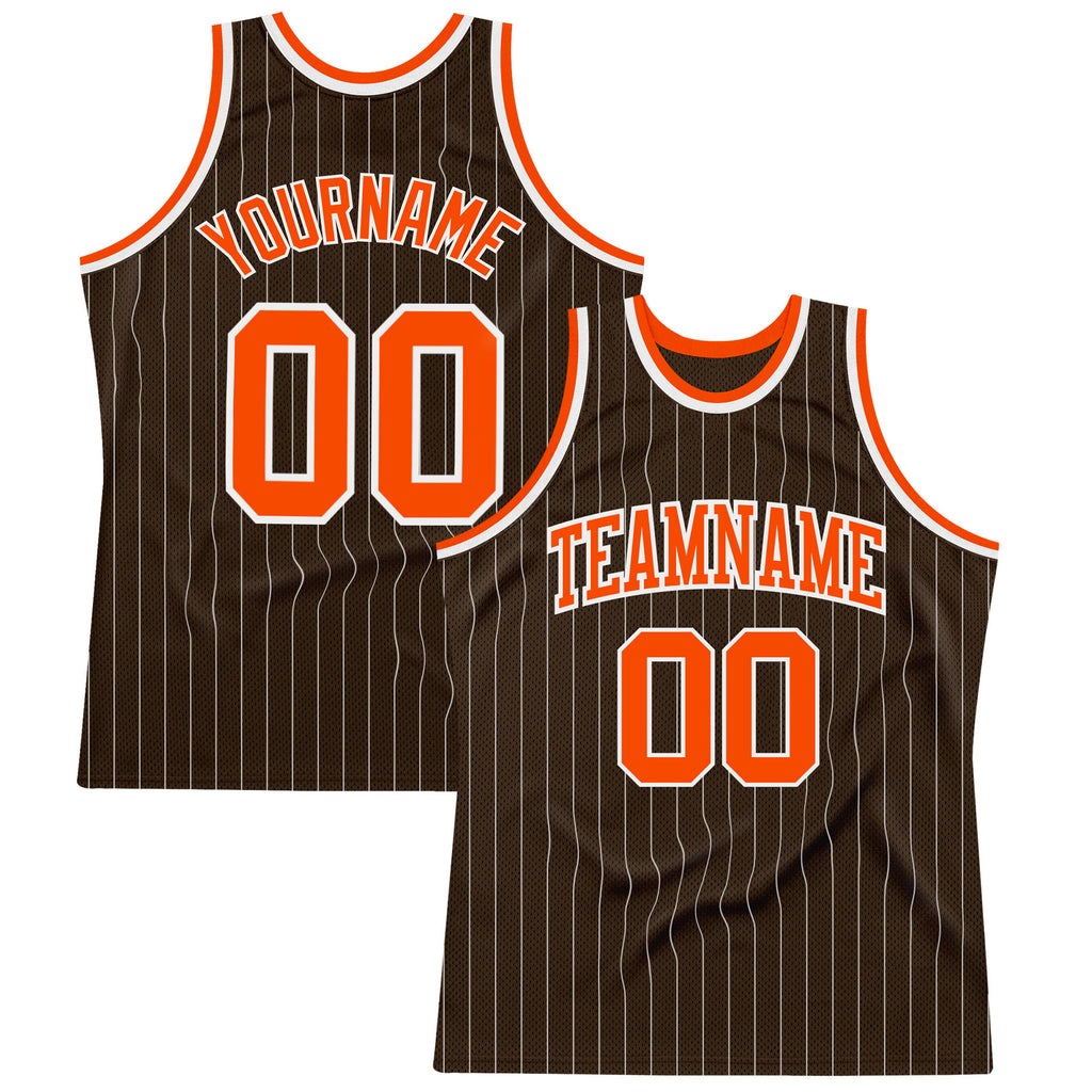 Custom Brown White Pinstripe Orange Authentic Basketball Jersey