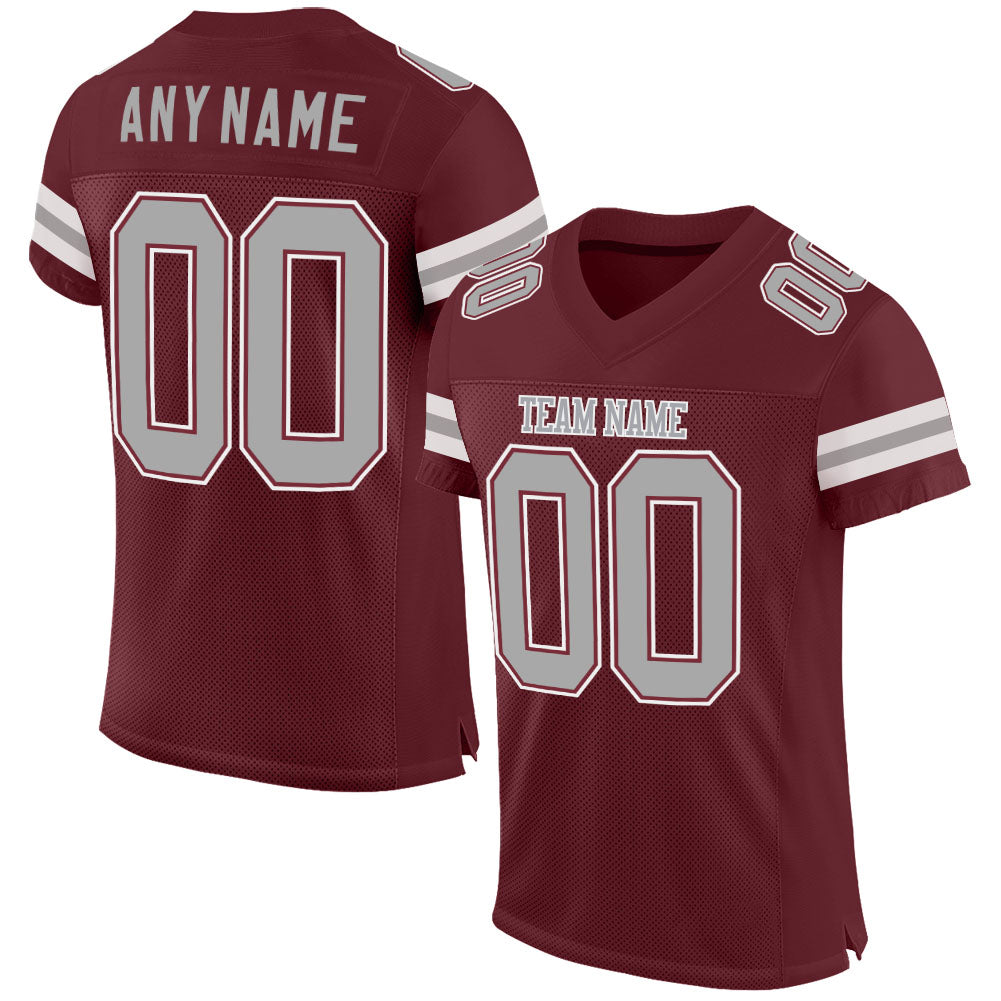 Custom Burgundy Gray-White Mesh Authentic Football Jersey