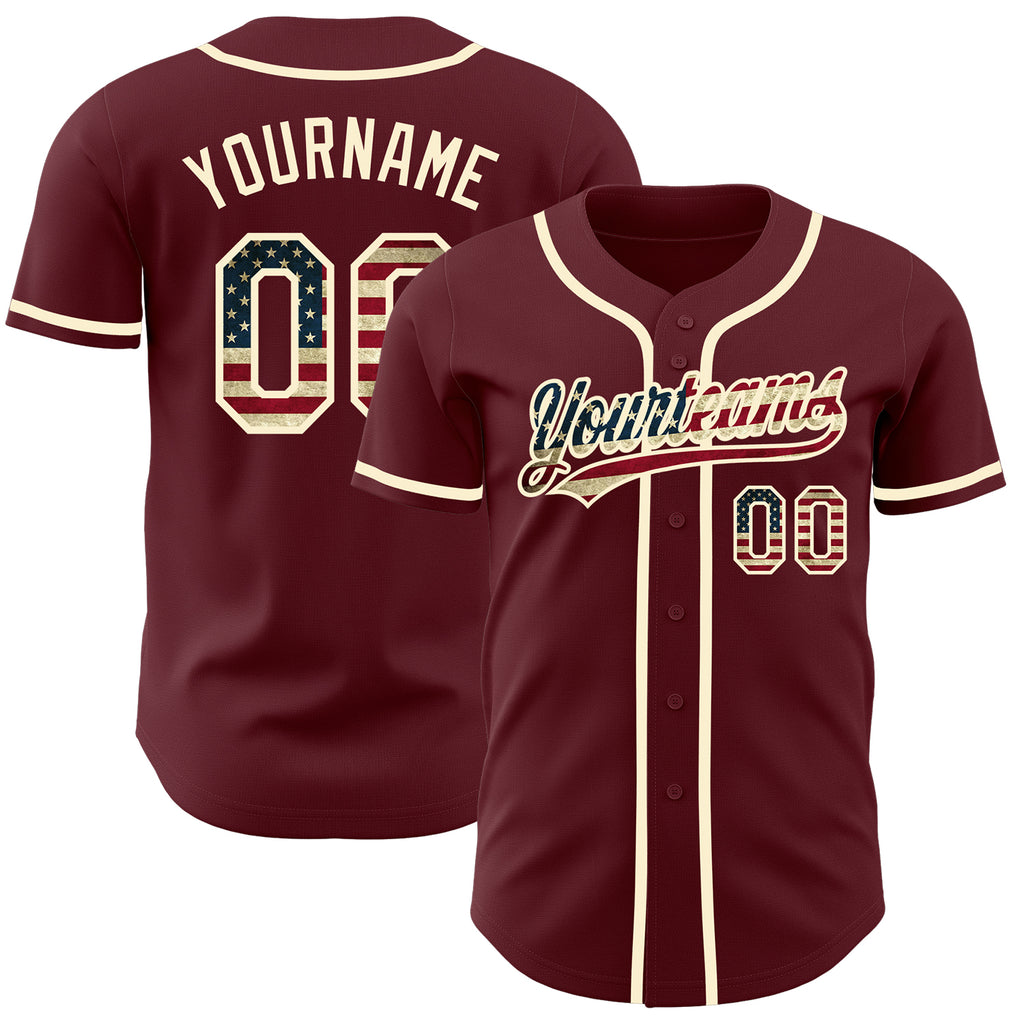 Custom Burgundy Vintage USA Flag-Cream Authentic Baseball Jersey