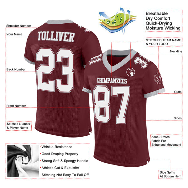 Custom Burgundy White-Gray Mesh Authentic Football Jersey