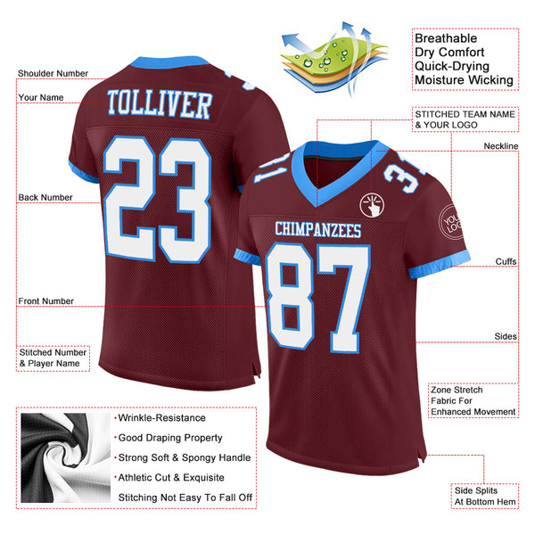 Custom Burgundy White-Electric Blue Mesh Authentic Football Jersey