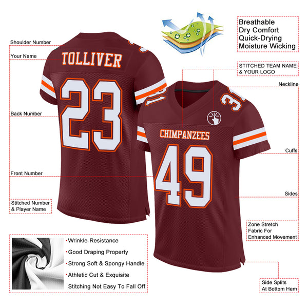 Custom Burgundy White-Orange Mesh Authentic Football Jersey