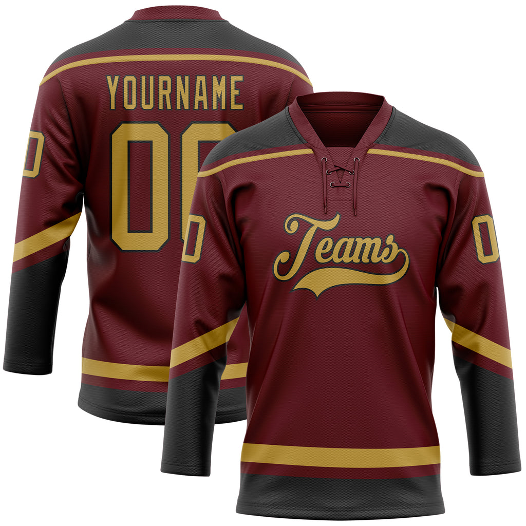 Custom Burgundy Old Gold-Black Hockey Lace Neck Jersey