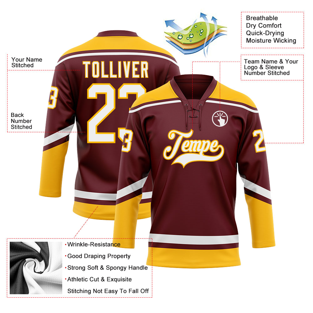 Custom Burgundy White-Gold Hockey Lace Neck Jersey