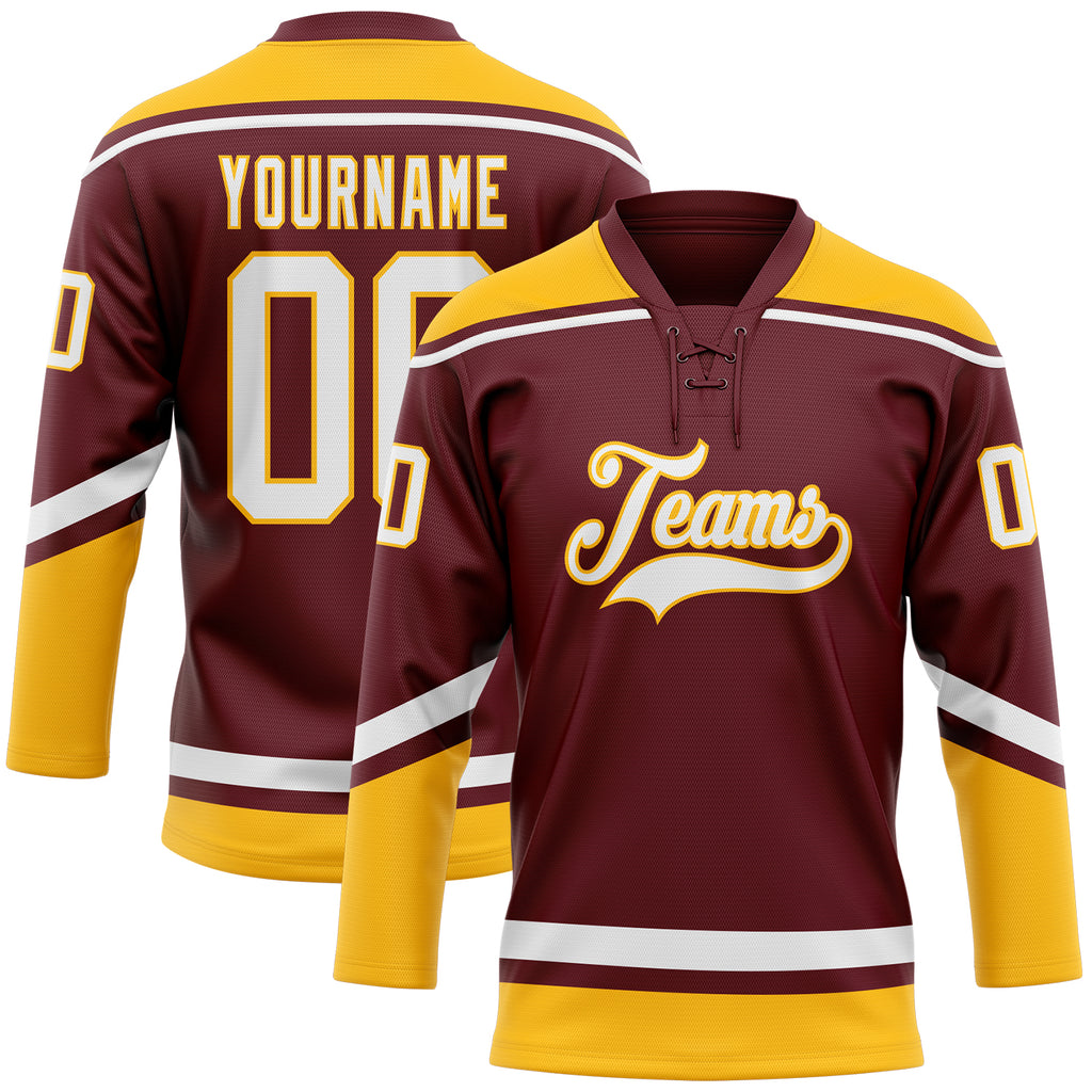 Custom Burgundy White-Gold Hockey Lace Neck Jersey