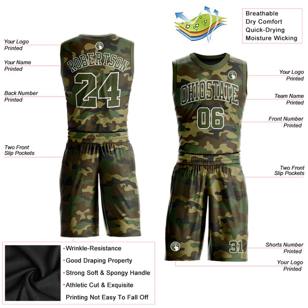 Custom Camo Olive-White Round Neck Sublimation Salute To Service Basketball Suit Jersey