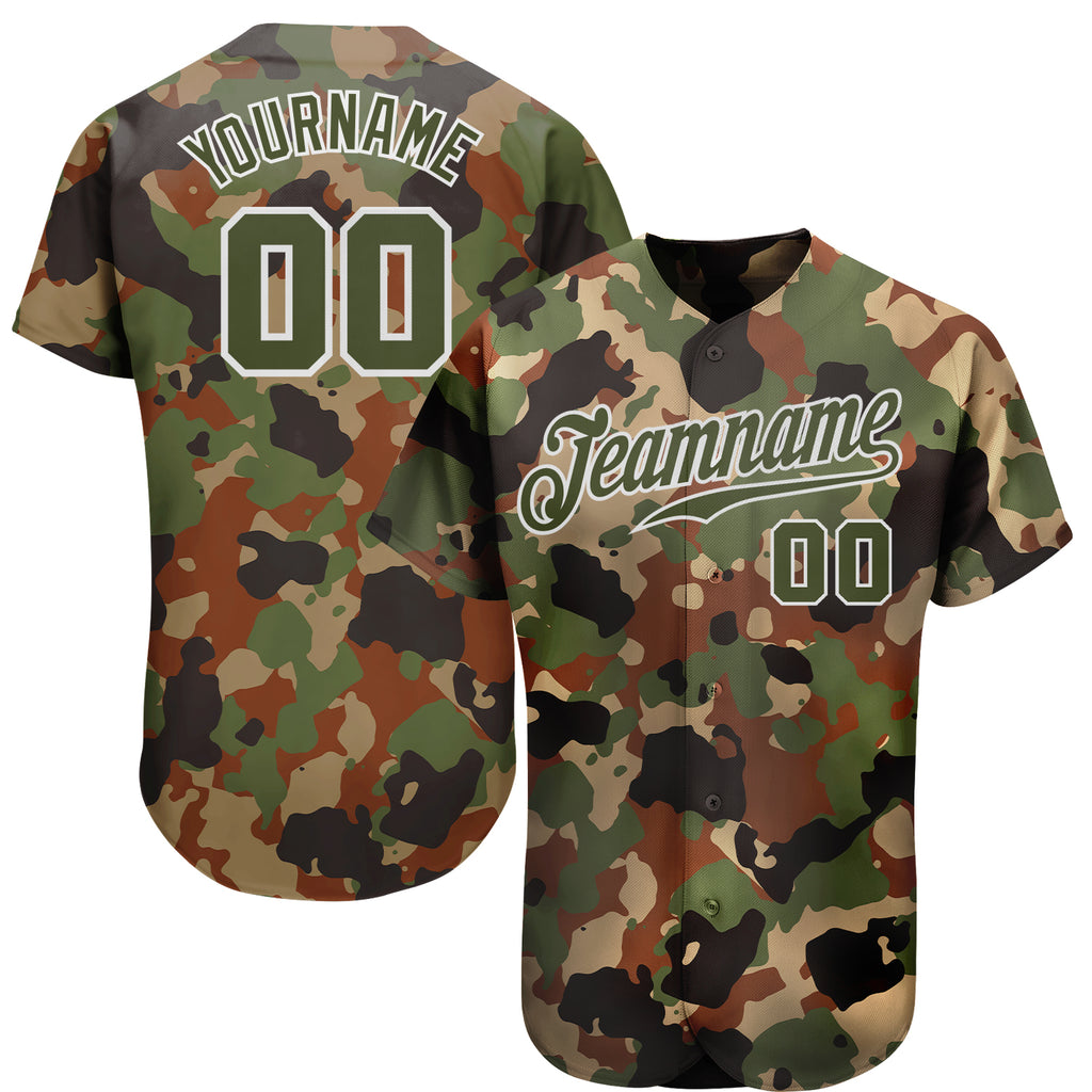 Custom Camo Olive-White Dark Classic Woodland Authentic Salute To Service Baseball Jersey