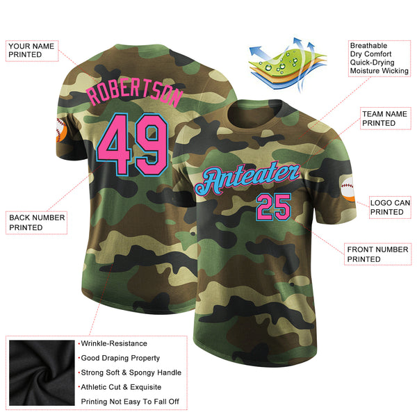 Custom Camo Pink Black-Sky Blue Performance Salute To Service T-Shirt