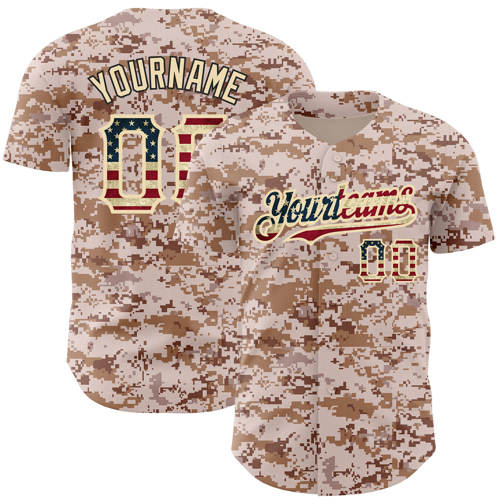 Custom Camo Vintage USA Flag-City Cream Authentic Salute To Service Baseball Jersey