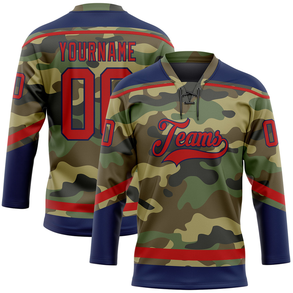 Custom Camo Red-Navy Salute To Service Hockey Lace Neck Jersey