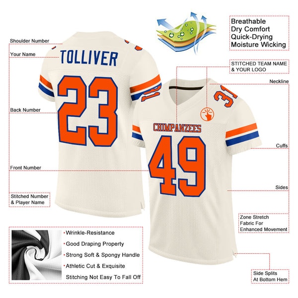 Custom Cream Orang-Royal Mesh Authentic Football Jersey