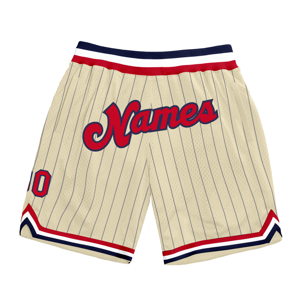 Custom Cream Navy Pinstripe Red-Navy Authentic Basketball Shorts