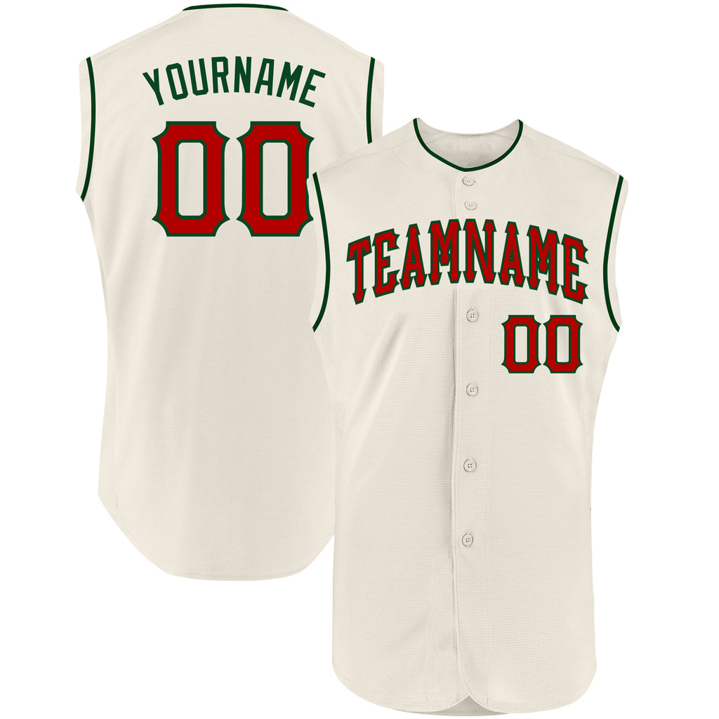 Custom Cream Red-Green Authentic Sleeveless Baseball Jersey